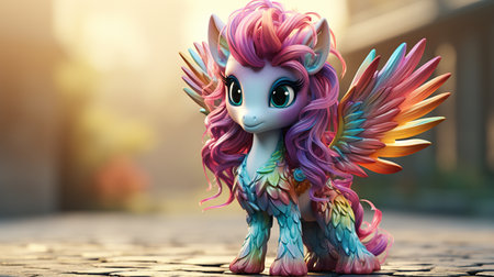 3d illustration of a cute fantasy unicorn with pink hair and wingsの素材