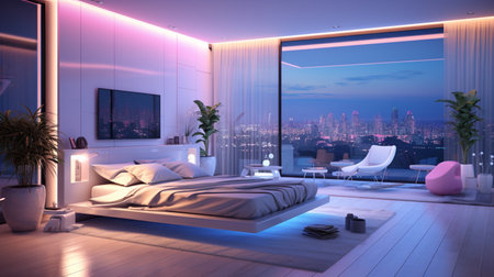 3d rendering of a modern bedroom with a view of the cityの素材