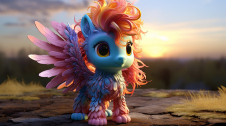 Fantasy animal doll in the field. 3d illustration. Selective focus.の素材