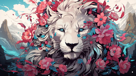 Lion with flowers in the mountains. Vector illustration of a wild animal.の素材