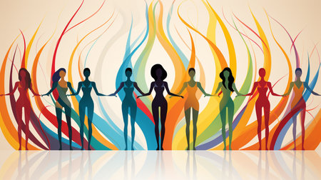 Women silhouettes on colorful background with abstract lines. Vector illustration.の素材