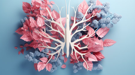 3d rendering of a human lungs with branches and leaves on blue backgroundの素材