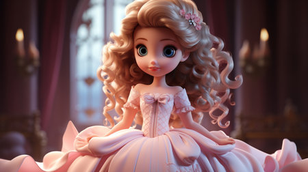 3d rendering of a cute doll in a princess dress sitting on a sofaの素材