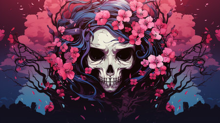 Vector illustration of a woman skull in the garden with cherry blossomの素材