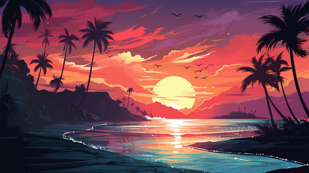 Tropical beach with palm trees and sunset. Vector illustration.の素材