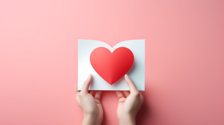 Female hands holding a red heart on a white sheet of paper on a pink backgroundの素材