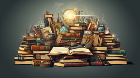 Pile of old books and magic book. Education concept. Vector illustration.の素材