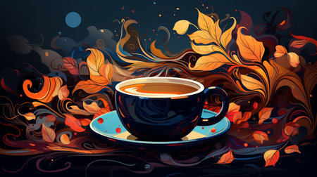Cup of coffee with autumn leaves on dark background. Vector illustration.の素材