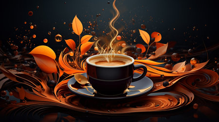 Cup of coffee with autumn leaves on dark background. 3d illustrationの素材