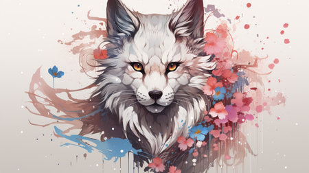 Digital painting of a fox head with flowers and paint splashes.の素材