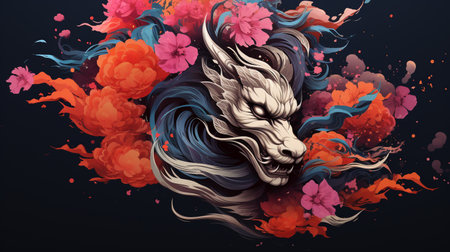 Vector illustration of a unicorn head with flowers and splashes on black backgroundの素材