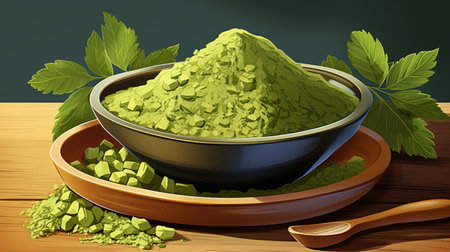 Matcha green tea powder in bowl on wooden table. Vector illustrationの素材