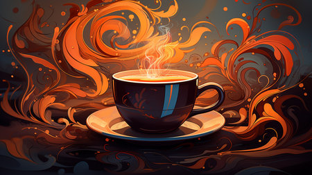 Coffee cup on abstract background with fire and smoke. Vector illustration.の素材