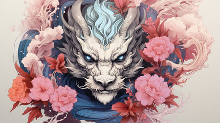 Illustration of a dragon with flowers in the style of surrealismの素材