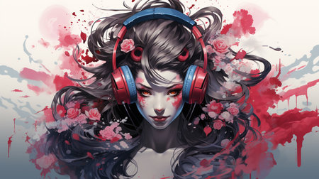Digital Illustration of a Fantasy Female with Red Headphones and Flowersの素材