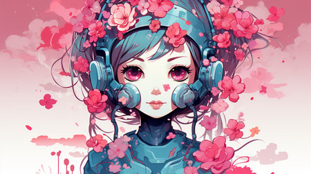 Beautiful girl listening to music with headphones and cherry blossom flowersの素材