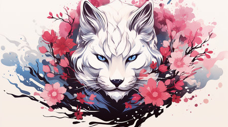 Illustration of a white fox with flowers on a watercolor backgroundの素材