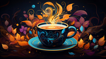 Cup of coffee with autumn leaves on a dark background. Vector illustration.の素材