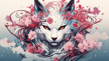 illustration of a fox with cherry blossoms in the background.の素材