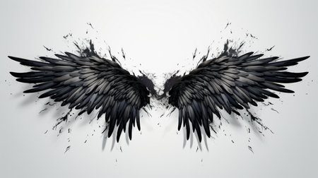 Black angel wings on a white background. 3d rendering. Computer digital drawing.の素材