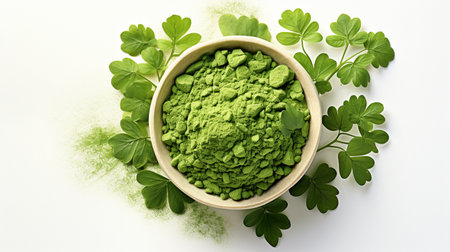 Wasabi powder in bowl with green leaves isolated on white background.の素材