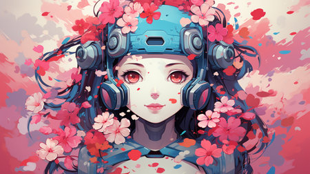 Illustration of a beautiful girl with headphones and flowers on a pink backgroundの素材