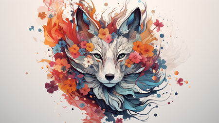 Vector illustration of a fox with flowers and butterflies in the background.の素材