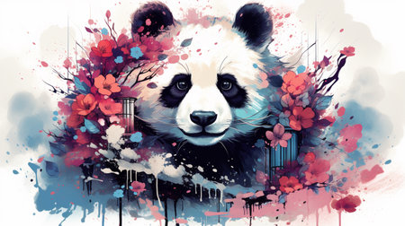 Panda and cherry blossom illustration in color background. Digital painting.の素材
