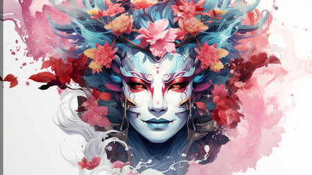 Beautiful woman with carnival mask on watercolor background. Digital painting.の素材