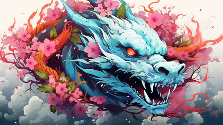 Dragon head with flowers and splashes of ink. Vector illustration.の素材