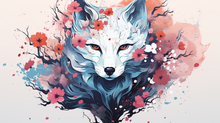 Watercolor painting of a fox with sakura flowers. Vector illustration.の素材