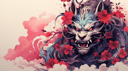 Vector illustration of a demon with red flowers and clouds in the backgroundの素材