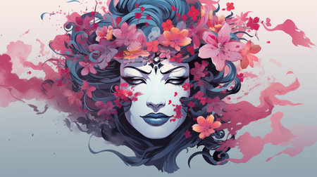 Beautiful woman face with flowers in her hair. Vector illustration.の素材
