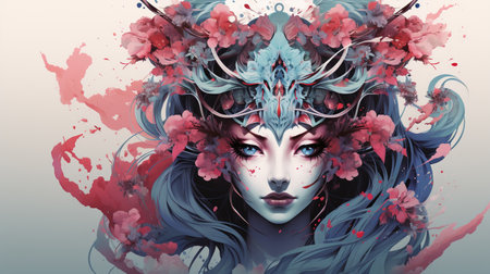 Beautiful girl with fantasy make-up and flowers. Vector illustration.の素材