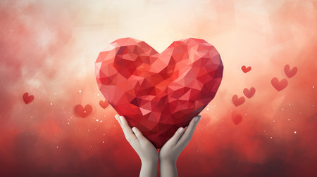 Hands holding red heart on abstract background. 3D Renderingの素材