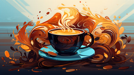 Cup of coffee on abstract background with splashes. Vector illustration.の素材