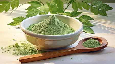 Powdered matcha green tea in bowl and wooden spoonの素材