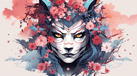 Portrait of a Japanese demon with flowers and leaves. Digital painting.の素材