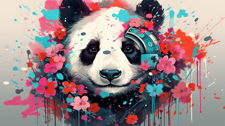 Illustration of a panda with headphones and flowers on a grunge backgroundの素材