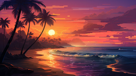 Tropical sunset with palm trees and sea. Vector illustration.の素材