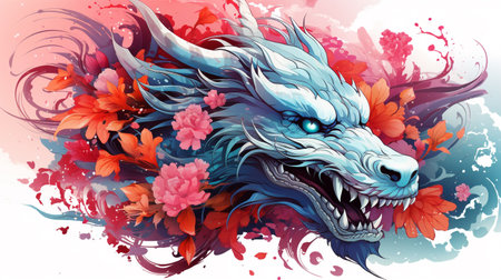 Dragon head with flowers and grunge floral background. Vector illustration.の素材