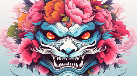 Grunge monster face with flowers and leaves. Vector illustration.の素材