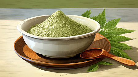 Powdered matcha green tea in a bowl on wooden backgroundの素材