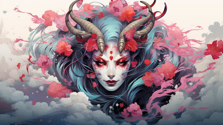 Fantasy face of a female with horns and flowers. Vector illustration.の素材