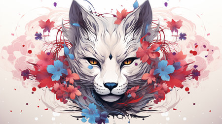 Watercolor portrait of a fox with flowers and leaves. Vector illustration.の素材