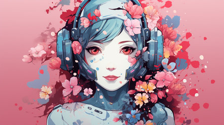 Beautiful girl with headphones and flowers. Digital painting. Vector illustration.の素材