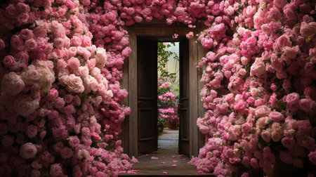 Beautiful pink roses blooming in the garden with open door.の素材