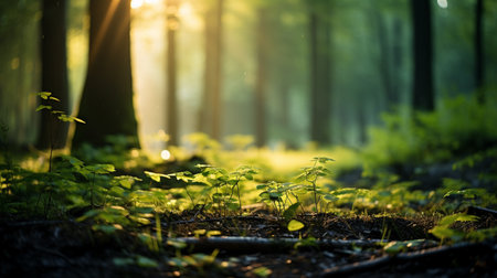 Sunlight in the morning forest. Beautiful nature scene with sunbeamsの素材