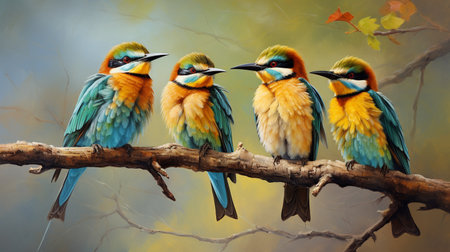Group of bee-eaters sitting on a branch in the forestの素材