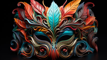 Mardi Gras mask with feathers on black background. 3d illustrationの素材